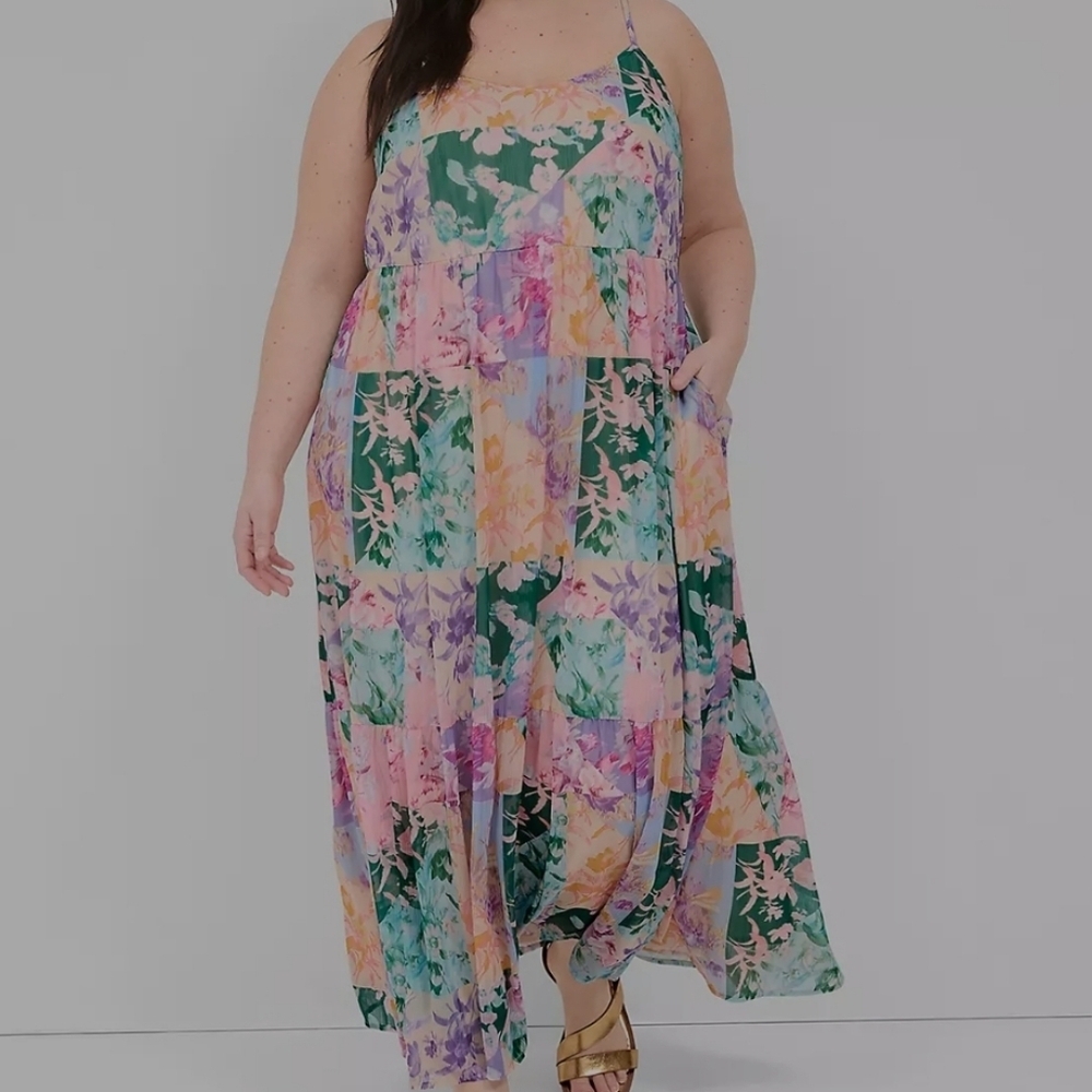 Patchwork Floral Sleeveless V-Neck Tiered Maxi Dress